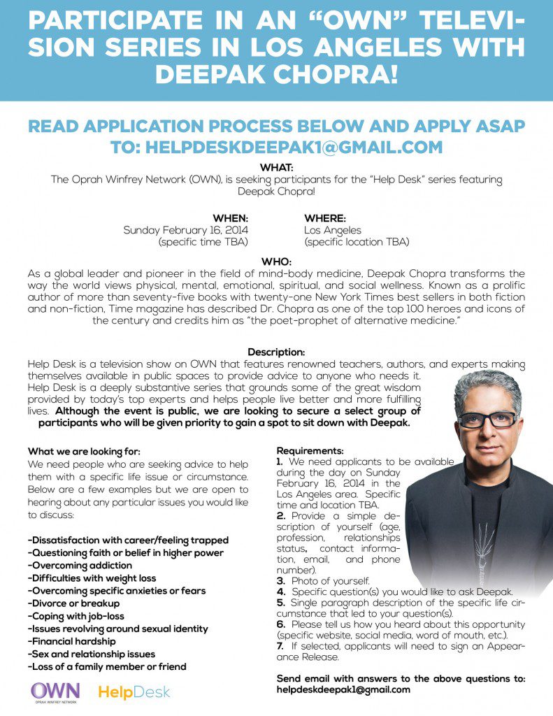 Deepak Chopra casting call for show