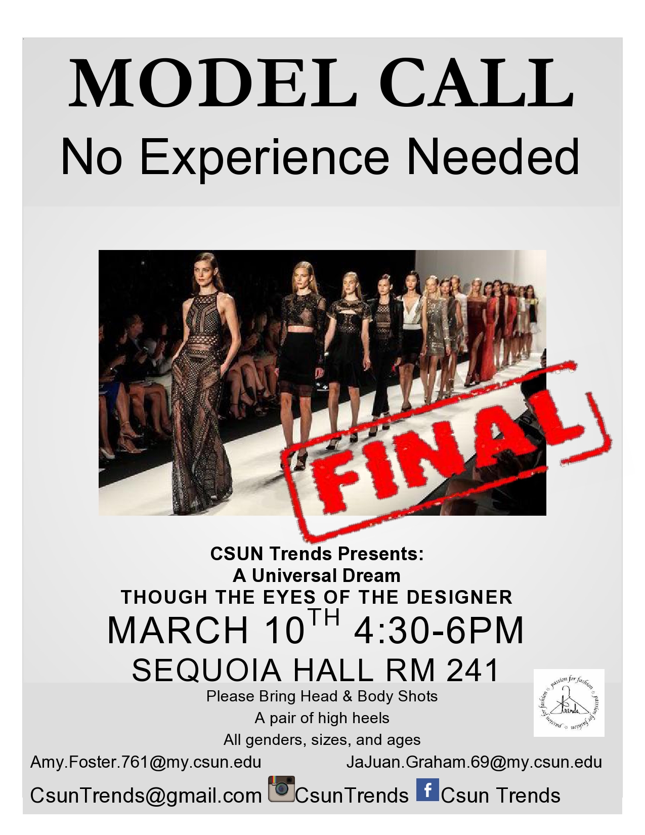 Modeling in Northridge, CA for CSUN Trends Fashion Show Auditions Free