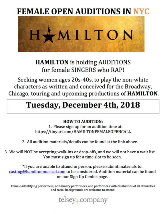 Open Auditions for “Hamilton” on Broadway and Touring Show Auditions Free
