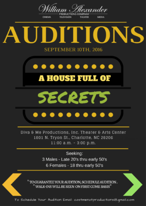 Actor Auditions in Charlotte, NC for “A House Full of Secrets” Stage Play