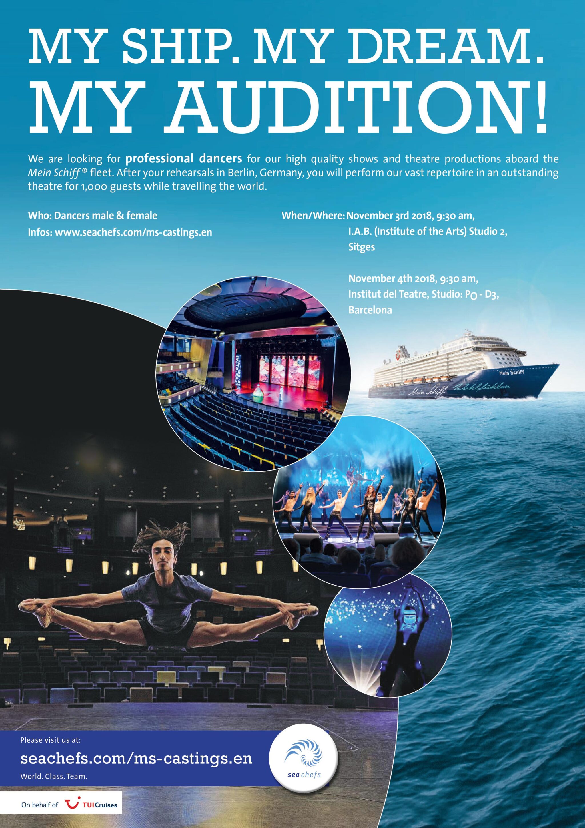 Auditions in Barcelona Spain for Cruise Ship Dancers for Mein Schiff