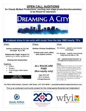 Auditions in Indianapolis Indiana, Actors & Singers for “Dreaming A City”