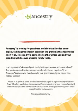 Casting Families with Grandmas Nationwide for Ancestry Quiz Show