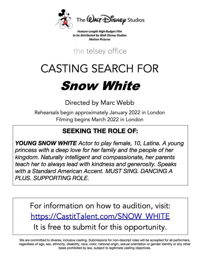 Auditions for Disney Movie Snow White Open Call