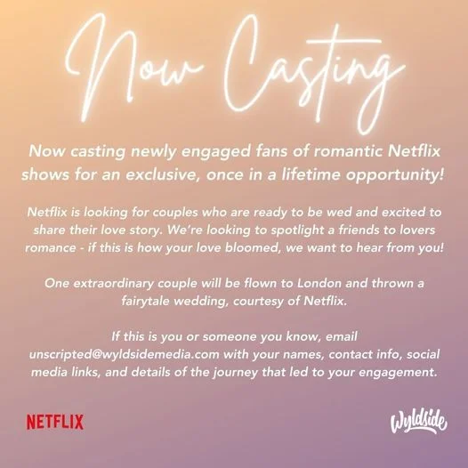 Now Casting Newly Engaged Fans Of Romantic Netflix Shows To Go On Trip ...