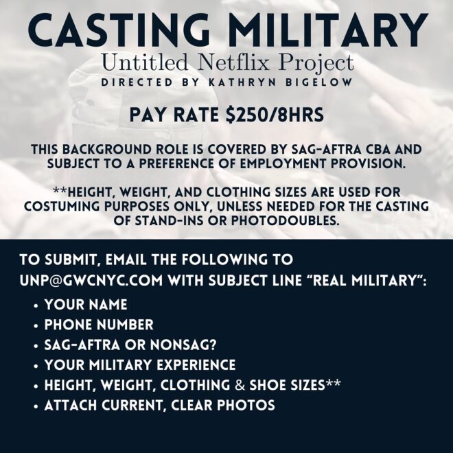 casting notice in NJ for Kathryn Bigelow new Netflix movie details.